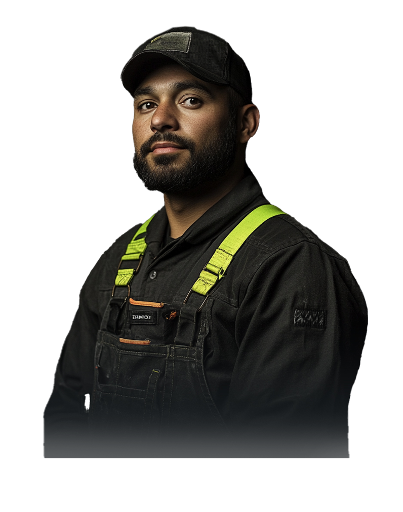 Man in black overalls with cap