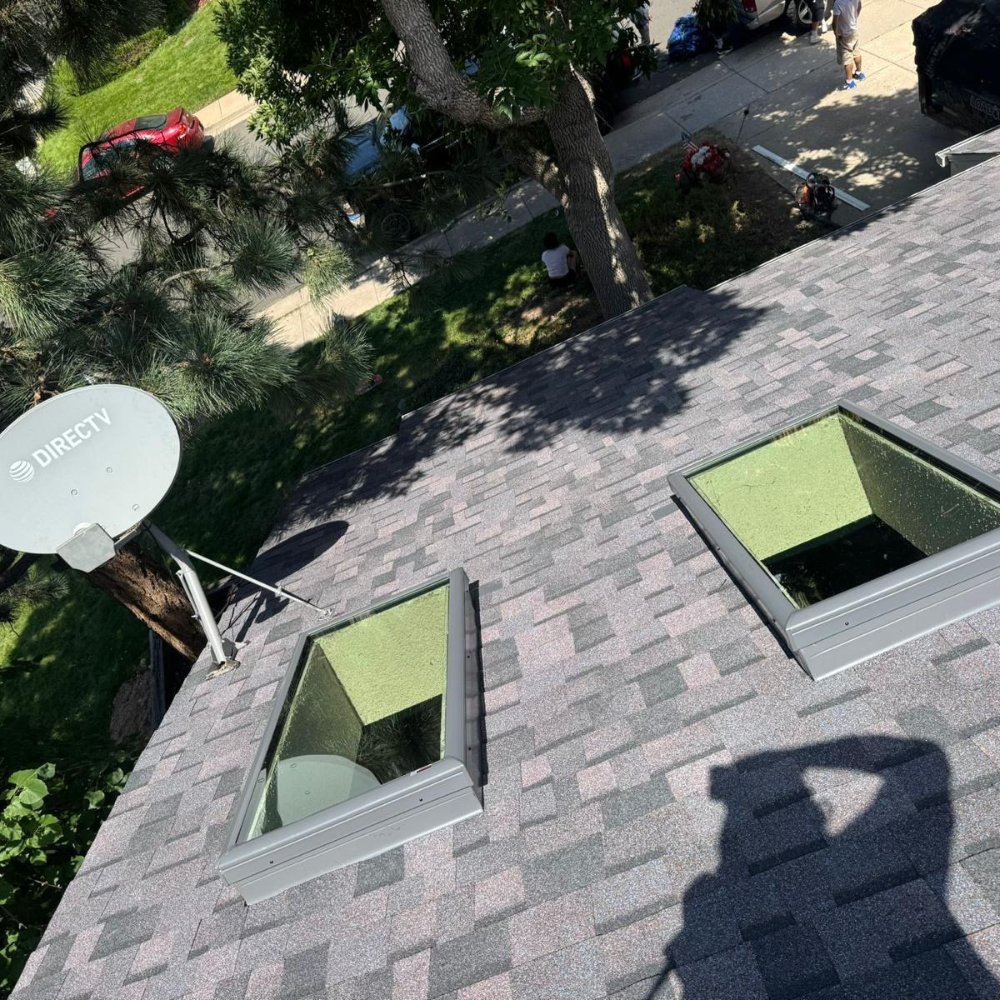 A roof featuring two skylights and a mounted satellite dish