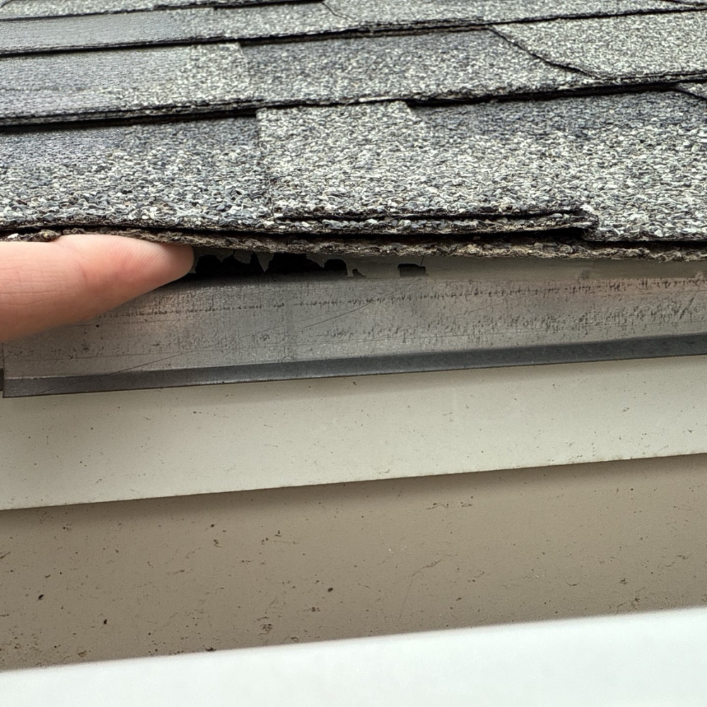damaged shingles lifting at roof edge showing deterioration beneath the surface