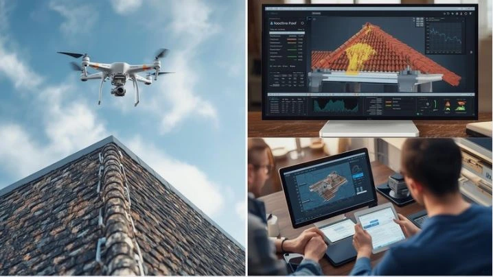 Drone roof photos; AI analysis; 3D model; team in cloud app.