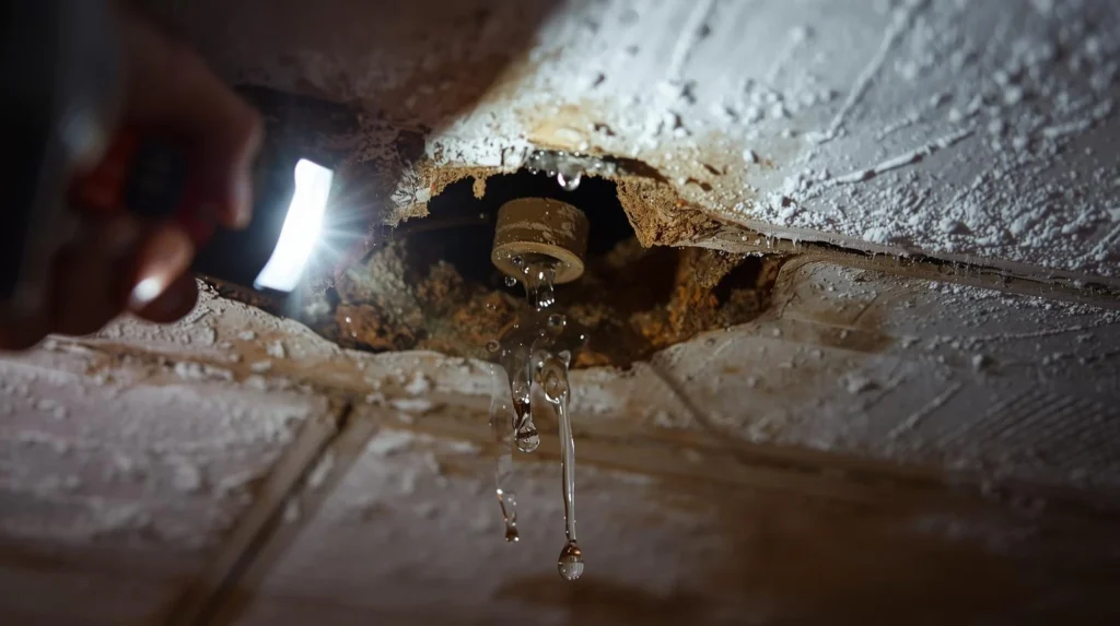 Roof Warranty vs Insurance: close-up of a ceiling leak with water stain and drip