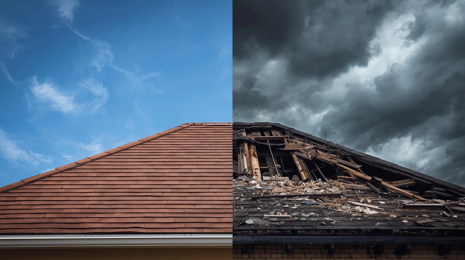 Roof Warranty vs Insurance: storm-damaged asphalt shingles under dark clouds