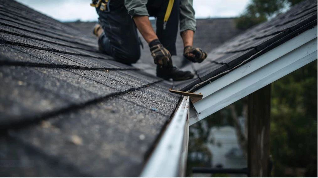 Technician doing gutter maintenance on roof