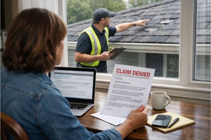 Homeowner with denied claim as roofer shows damage, why roof insurance claims are denied