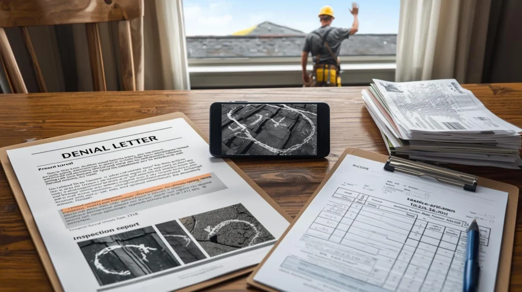 Denied roof claim checklist with letter, photos, inspection, reinspection