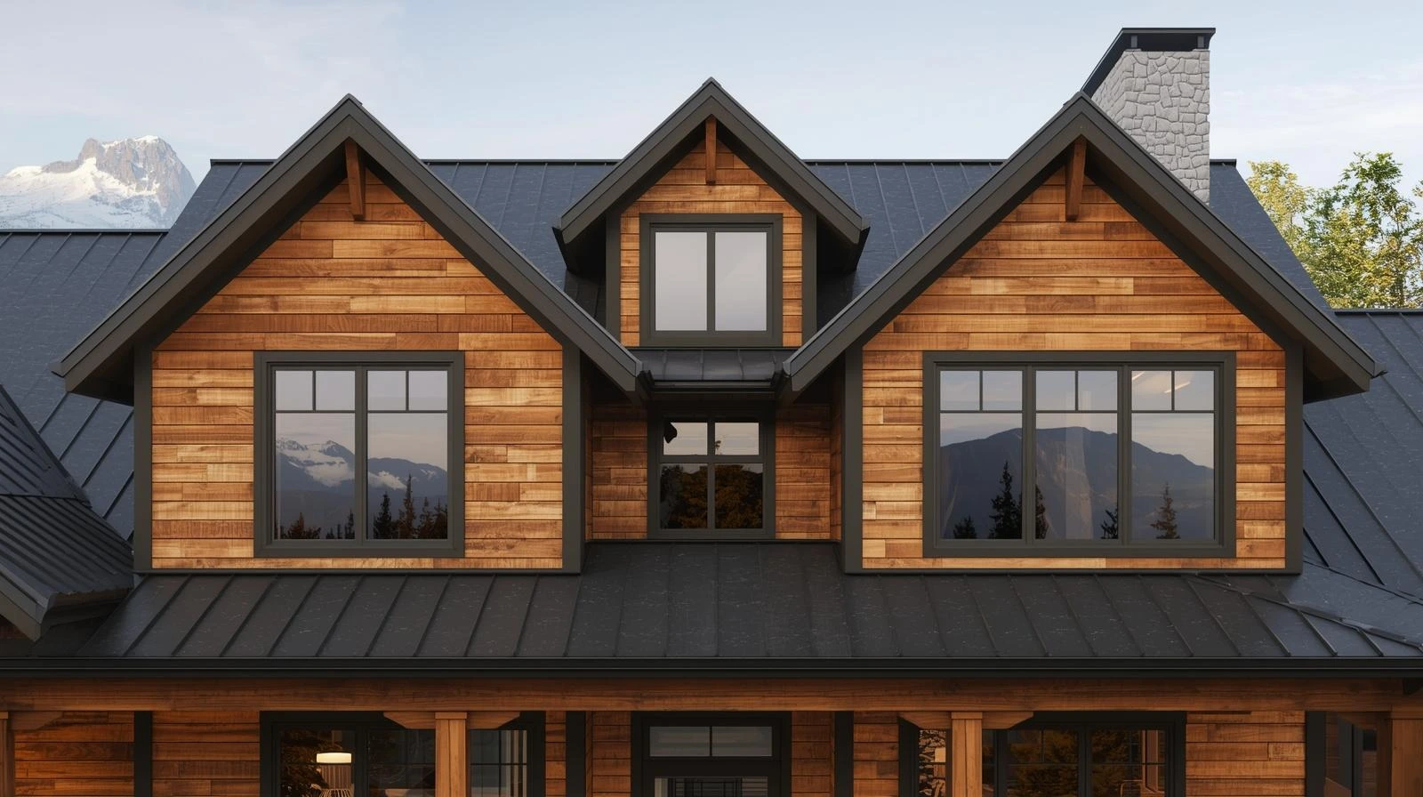 Modern home exterior showing siding and roof coordination with complementary colors