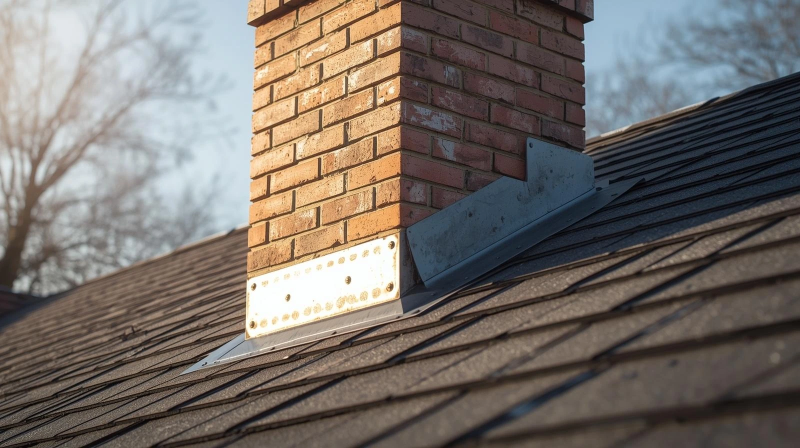 Close-up of roof chimney with step flashing, chimney & flashing maintenance.