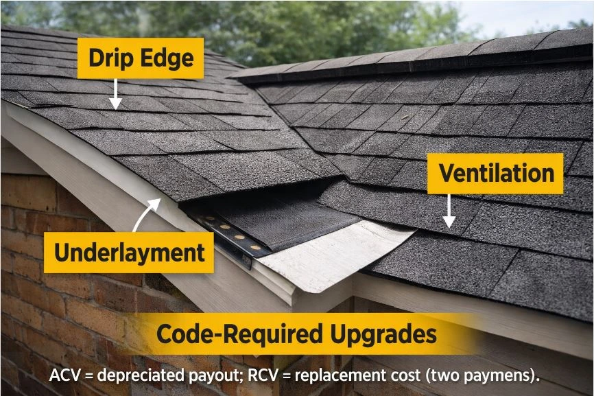 Roof diagram showing roof maintenance mistakes like damaged shingles and clogged gutters