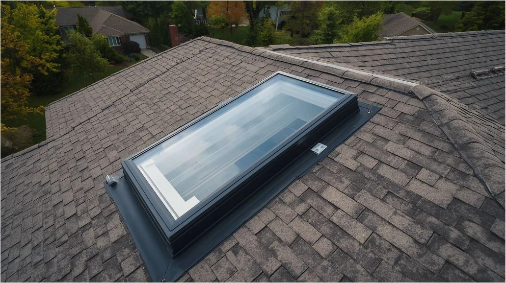 Skylight installation and roof compatibility on asphalt shingle roof with step flashing.
