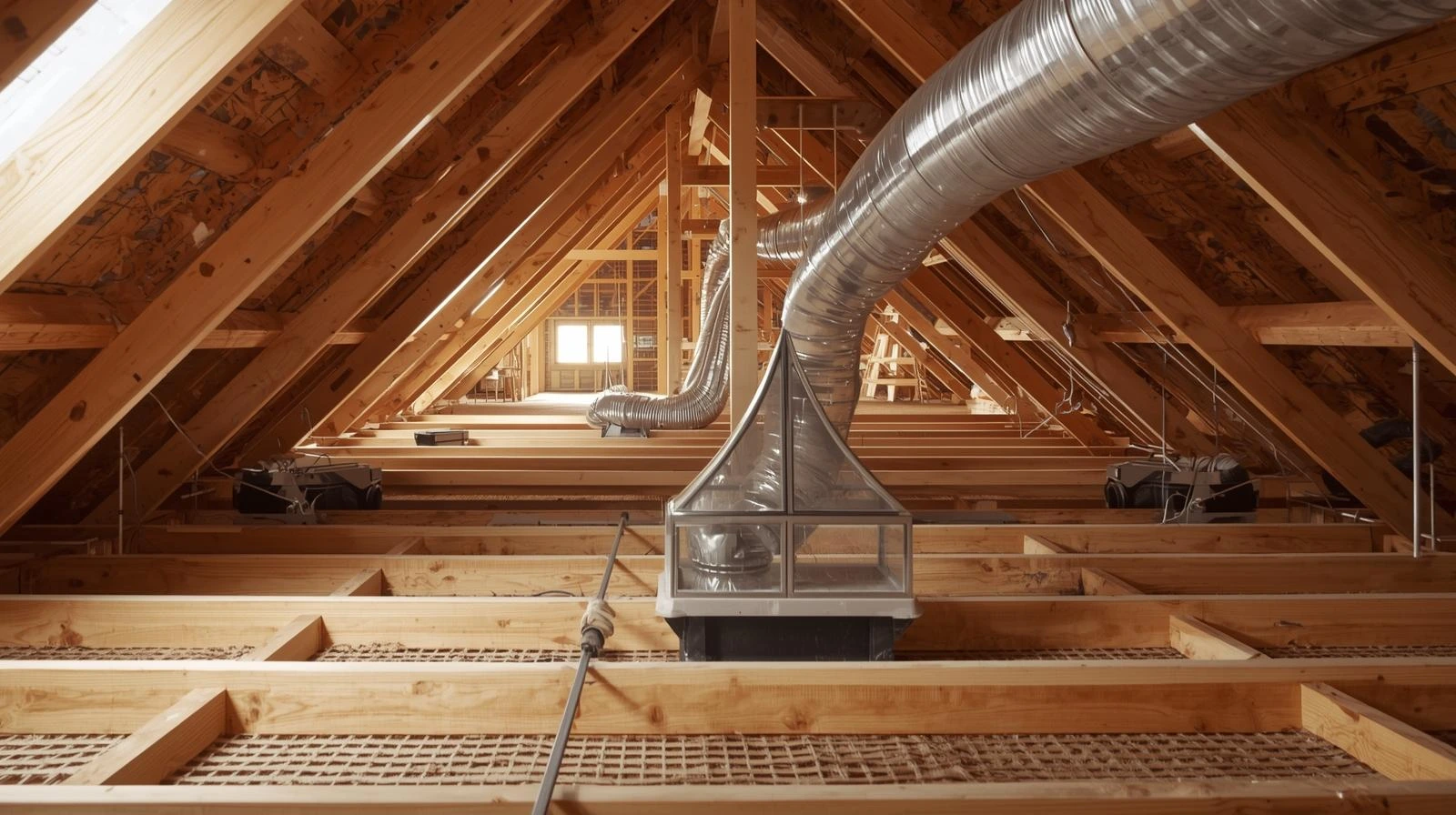 Cross-section attic ventilation diagram: cool air in soffits, hot air out ridge vent.