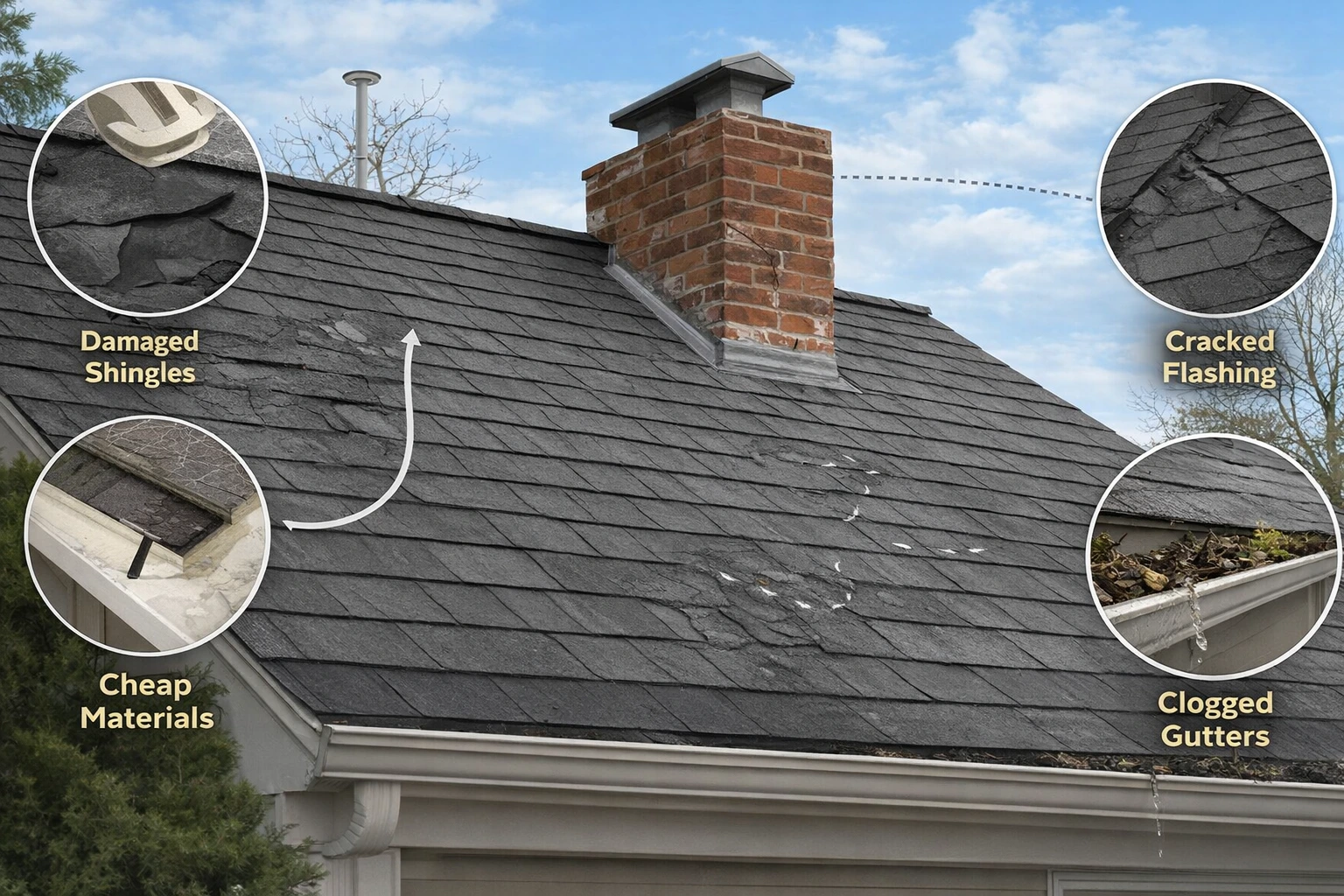 Roof showing roof maintenance mistakes like damaged shingles and clogged gutters